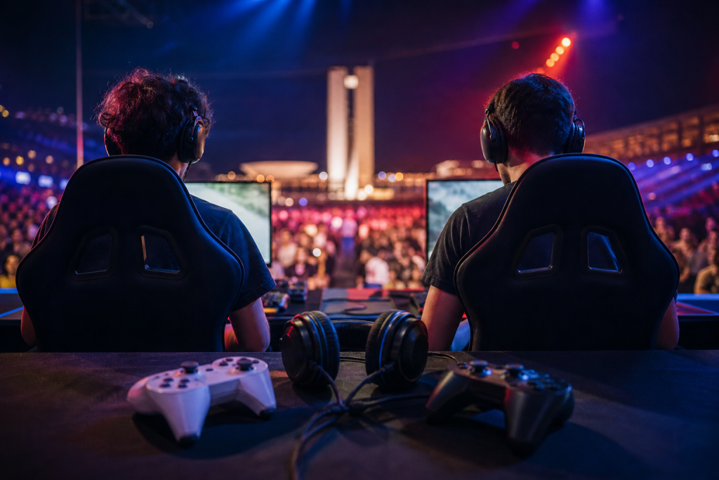 Público acompanha campeonato de games em uma arena gamer com iluminação colorida e jogadores em competição