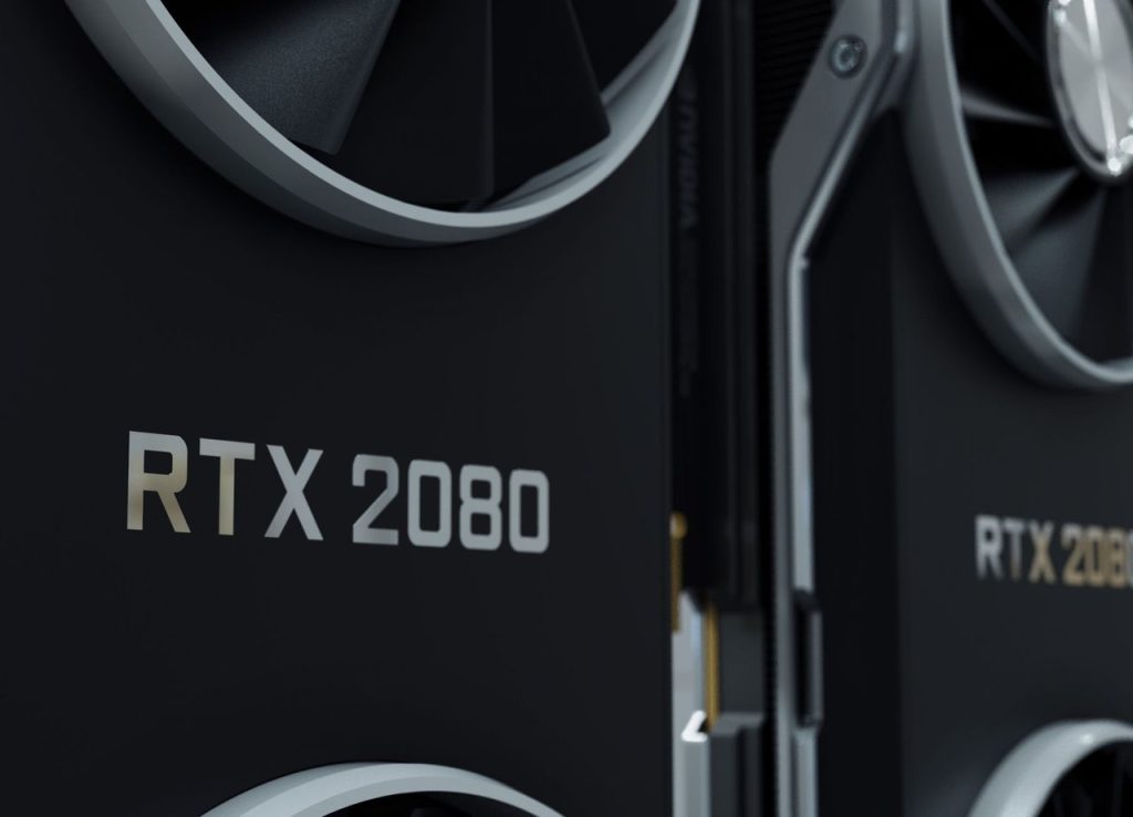 Close-up de uma placa de vídeo GPU RTX 2080, destacando seus componentes e o design do equipamento.