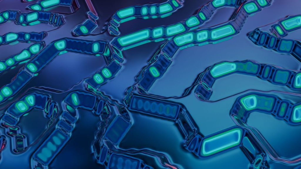 Padrão abstrato em azul e verde com linhas semelhantes a circuitos digitais, representando tecnologia financeira.