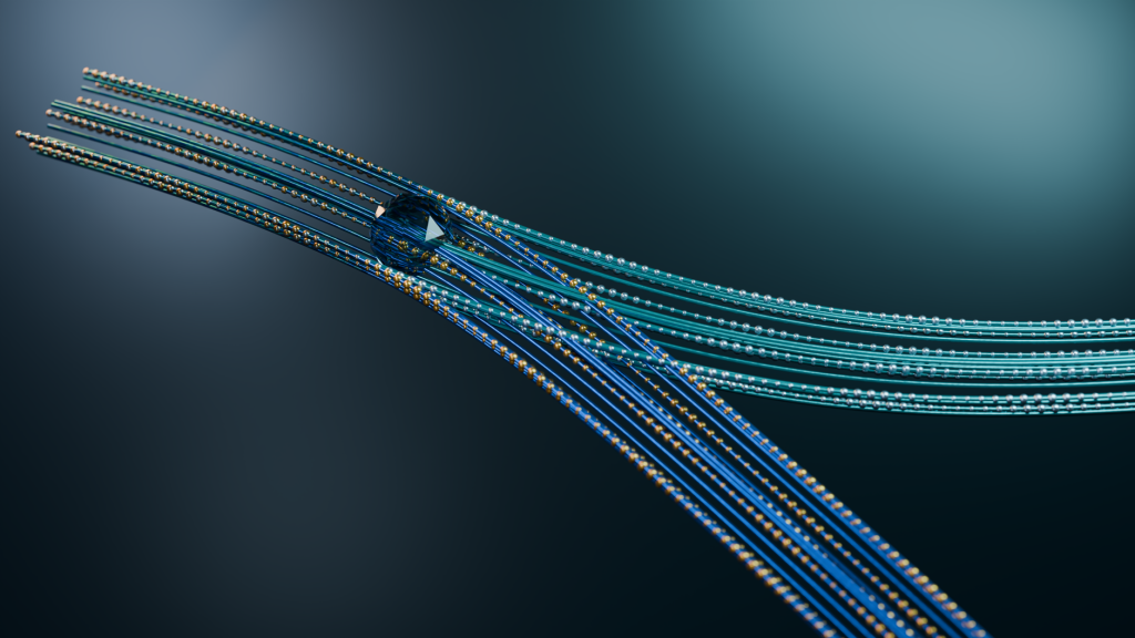 Renderização abstrata em 3D com linhas azuis e douradas fluidas representando o fluxo de dados em redes tecnológicas e financeiras.